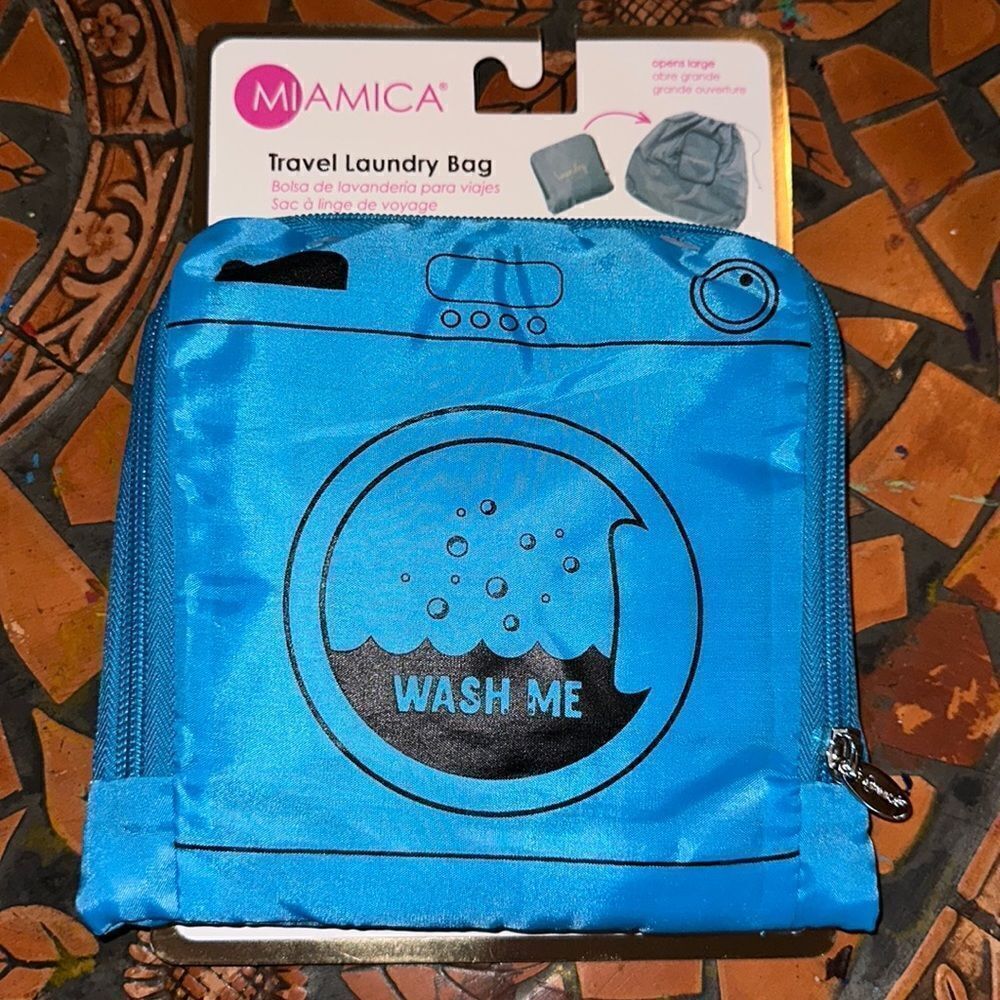 MIAMICA Light Blue Black Laundry Machine Print “Wash Me” Foldable Travel Bag